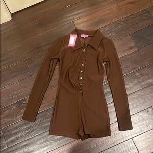 Edikted XS Women Brown Long Sleeve Button-Up Romper NWT
